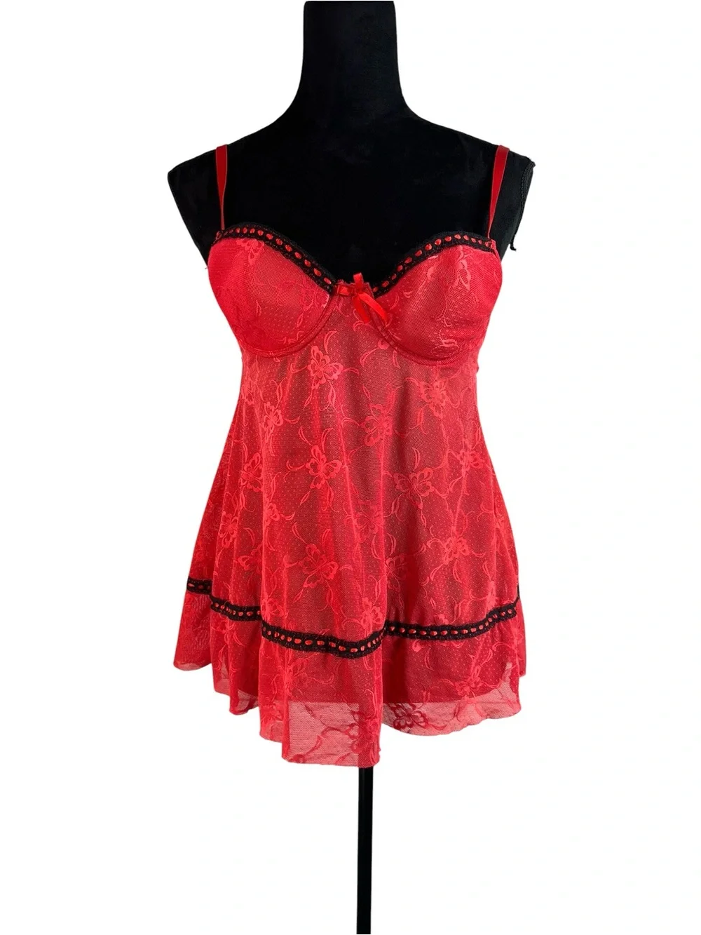 Rampage Intimates Red Black Floral Lace Babydoll Lingerie Dress Size S Y2K Fairy